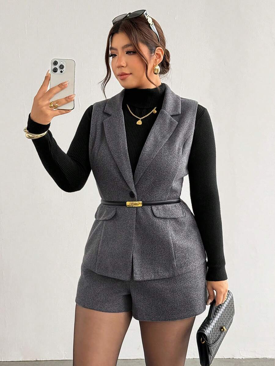 Firerie 大尺碼鈕扣背心外套與短褲套裝,優雅辦公商務工作套裝,適合女性秋冬日常外出穿著 - 深灰色 - 查看 1