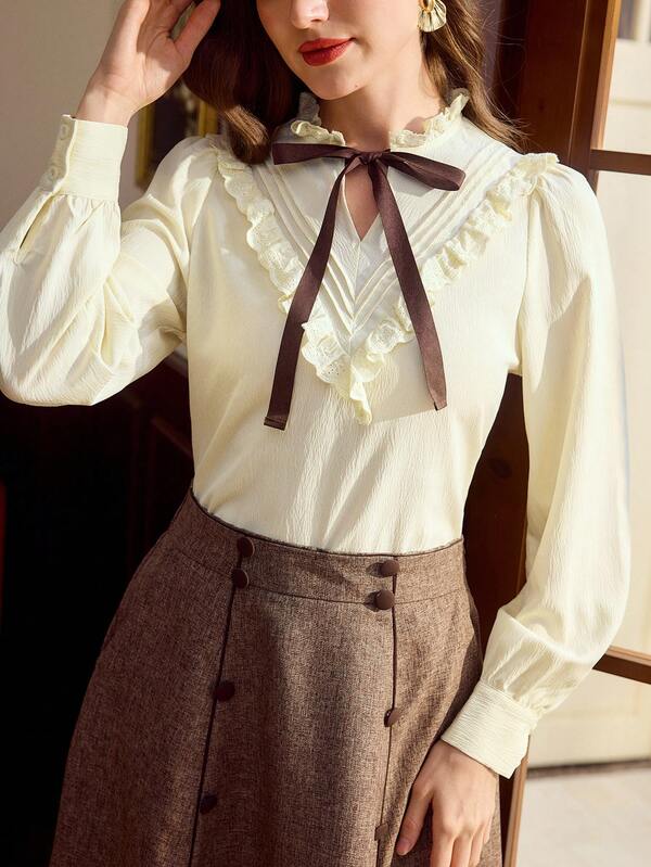Vintamour Vintage Classic Elegant Women's Fitted Blouse, Apricot Color, Front Tie Bow, Lace Patchwork, Long Sleeve, Summer/Autumn