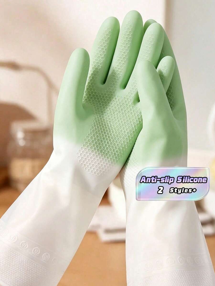 8Pcs/4Pcs Waterproof Dishwashing Gloves – Reusable, Non-Slip, Comfortable; Suitable For Kitchen And Bathroom Cleaning; Latex Material; Ambidextrous; Hand-Washable; Green & Beige Design; Kitchen Essential | Modern Kitchen Gloves | Latex Gloves - Multicolor - View 1