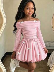 SHEIN Young Girl Casual Fairy Princess Elegant High-End Street Style Solid Color Fitted A-Line Dress, Pink, Suitable For Weddings, Parties, Autumn - Multicolor - View 1