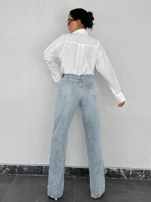 SHEIN Plus High Waist Casual Style Regular Light Blue Wash Button Front Slit Hem Straight Jean - Light Wash - View 2