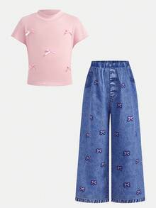 SHEIN 女童嬰兒可愛粉色3D蝴蝶結T恤與牛仔印花褲2件套，適合正式、休閒、日常穿著、外出、街頭風，適用任何場合，姐妹搭配，親子套裝，可愛女孩風 - 粉色 - 查看 4