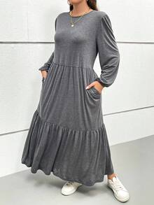 SHEIN Essnce 大码女式长裙，2 个口袋，秋季连衣裙，灰色连衣裙，女士服装连衣裙，带袖秋季女裙，秋季裙子，长款秋季连衣裙，秋季女装 - 深灰色 - 查看 5