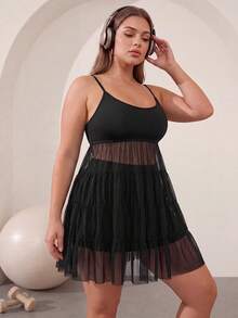 Dewbera Dewbera Women's Plus Size Mesh Patchwork Casual Daily Sports Camisole Dress - Black - View 3