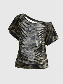 ROMWE Grunge Punk Y2K 龐克十字鉚釘設計後背燒花鏤空寬鬆版型純色百搭 T-shirt - 軍綠色 - 查看 2