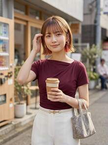 BizChic Burgundy Asymmetric Collar Short Sleeve T-Shirt, Business Formal Commute Date Vacation - Red Violet - View 1