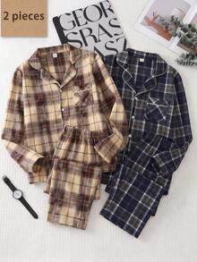 Set Pakaian Santai Kasual Nyaman untuk Remaja Laki-laki Motif Kotak-kotak dengan Kerah Terbuka di Depan, Lengan Panjang dan Celana Panjang - MultiWarna - View 7