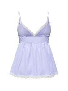 ROMWE Ribbed Lace Camisole & Shorts Casual Pajama Set - Mauve Purple - View 6