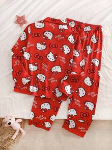 HELLO KITTY AND FRIENDS | SHEIN 少女卡通可愛圖案印花長袖上衣與長褲居家服套裝 節慶穿搭 秋冬開襟衫 - 紅色 - 查看 2