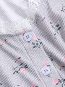 DAZY Lace Patchwork Ditsy Floral Fitted Pajama Set, Fall Winter Clothes - Grey - View 8