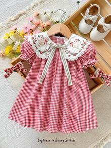 Emery Rose Kids Emery Rose Kids 女童小女孩編織純色卡通花卉刺繡彼得潘領蝴蝶結泡泡袖休閒仙女裙，適合夏季、秋季、度假、返校 - 紅色 - 查看 4