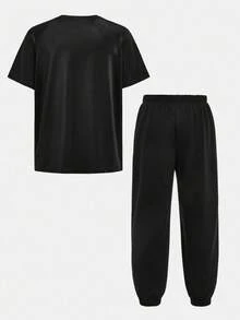 SHEIN 青少年男孩運動休閒圖案圓領短袖T恤與慢跑長褲兩件套 - 寶藍色 - 查看 2