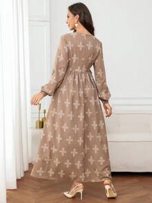 Al Najma Women's Floral Pattern Waist Bow Decor Elegant Arabian Dress - Multicolor - View 2
