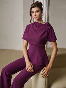 ZEYLAH Women's Solid Color Top And Pants Casual Daily Set - Red Violet - View 7