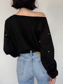 FRIFUL Women's Early Autumn New Korean Style Beaded Decor Asymmetric Neck Asymmetrical Loose Sweatshirt Cute Tops - Khaki - View 3