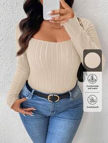 SHEIN Frenchy Plus Size Casual Ribbed Crew Neck Fitted T-Shirt Fall - Beige - View 1