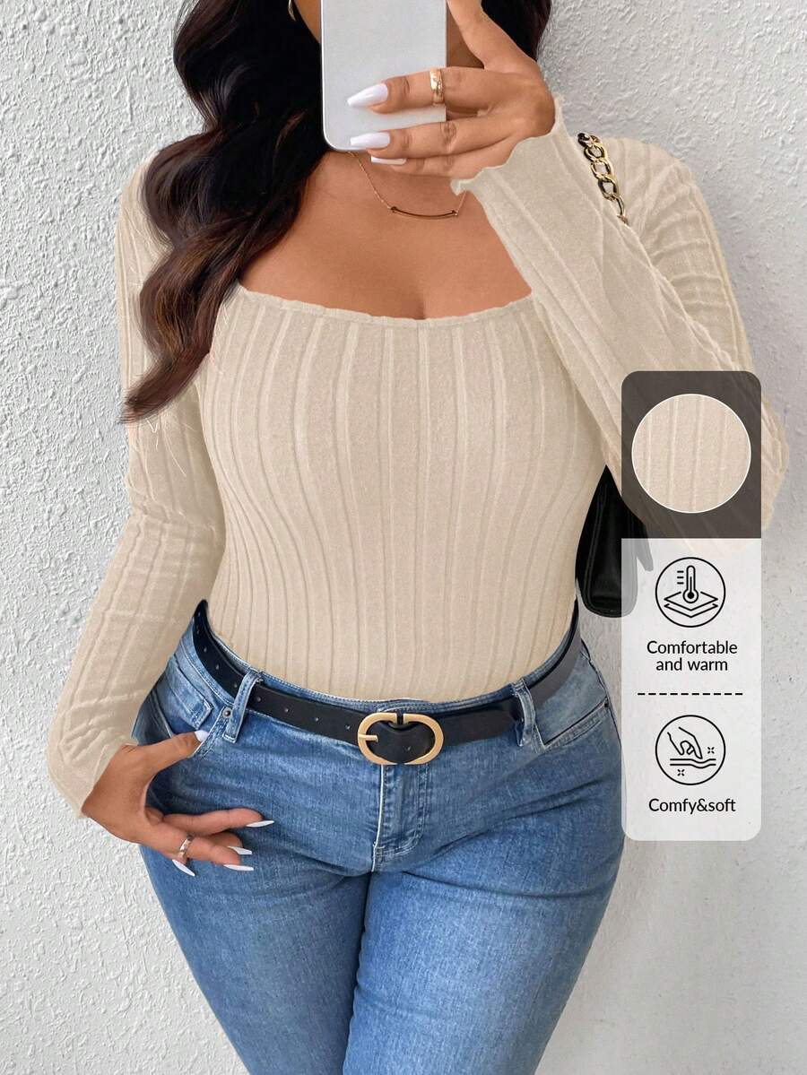 SHEIN Frenchy Plus Size Casual Ribbed Crew Neck Fitted T-Shirt Fall - Beige - View 1