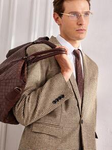 Officeau Fashionable Vintage Houndstooth Tweed Blazer, Men's Single-Breasted Elegant Jacket, Suitable For Parties And Daily Wear - Khaki - View 9