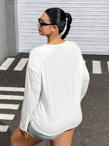 SHEIN EZwear 大码休闲纯色长袖 T 恤，春季和秋季 - 白色 - 查看 2