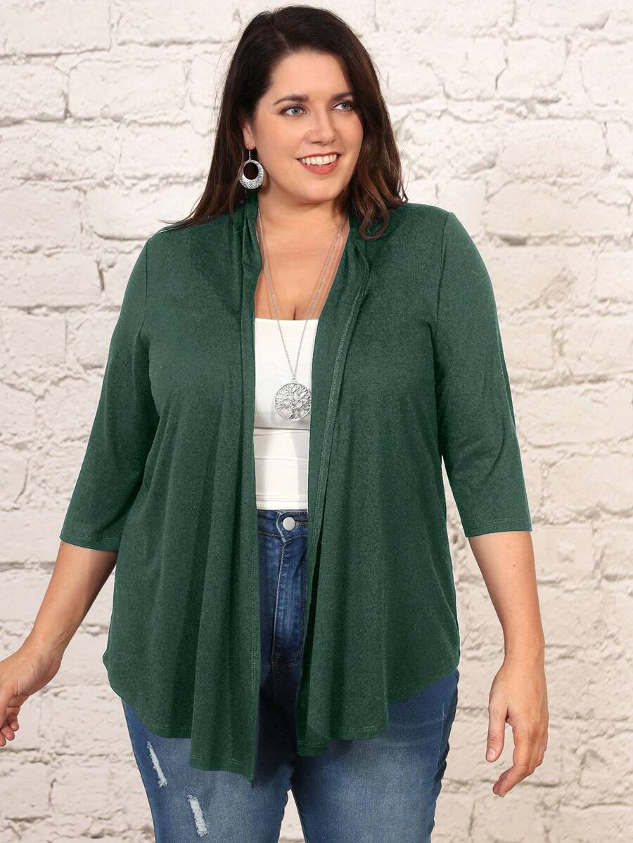 EMERY ROSE Áo cardigan nữ size lớn màu trơn, phong cách thường ngày, đa năng, mặc hàng ngày cho mùa thu - Màu xanh lá cây đậm - Xem 1
