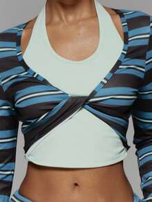 Musera Sport Contrast Colour Striped V Plunge Twist Front Double Layered Long Sleeve Active Top Workout Gym Cute Pilates Fitness Daily - Multicolor - View 6