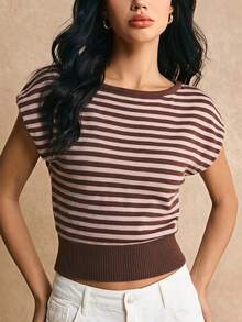 Poéselle Women's Striped Boat Neck Batwing Short Sleeve Casual Retro Vintage 70s 2000s Knit Top Everyday Night Holiday Brown Striped Autumn - Brown - View 4