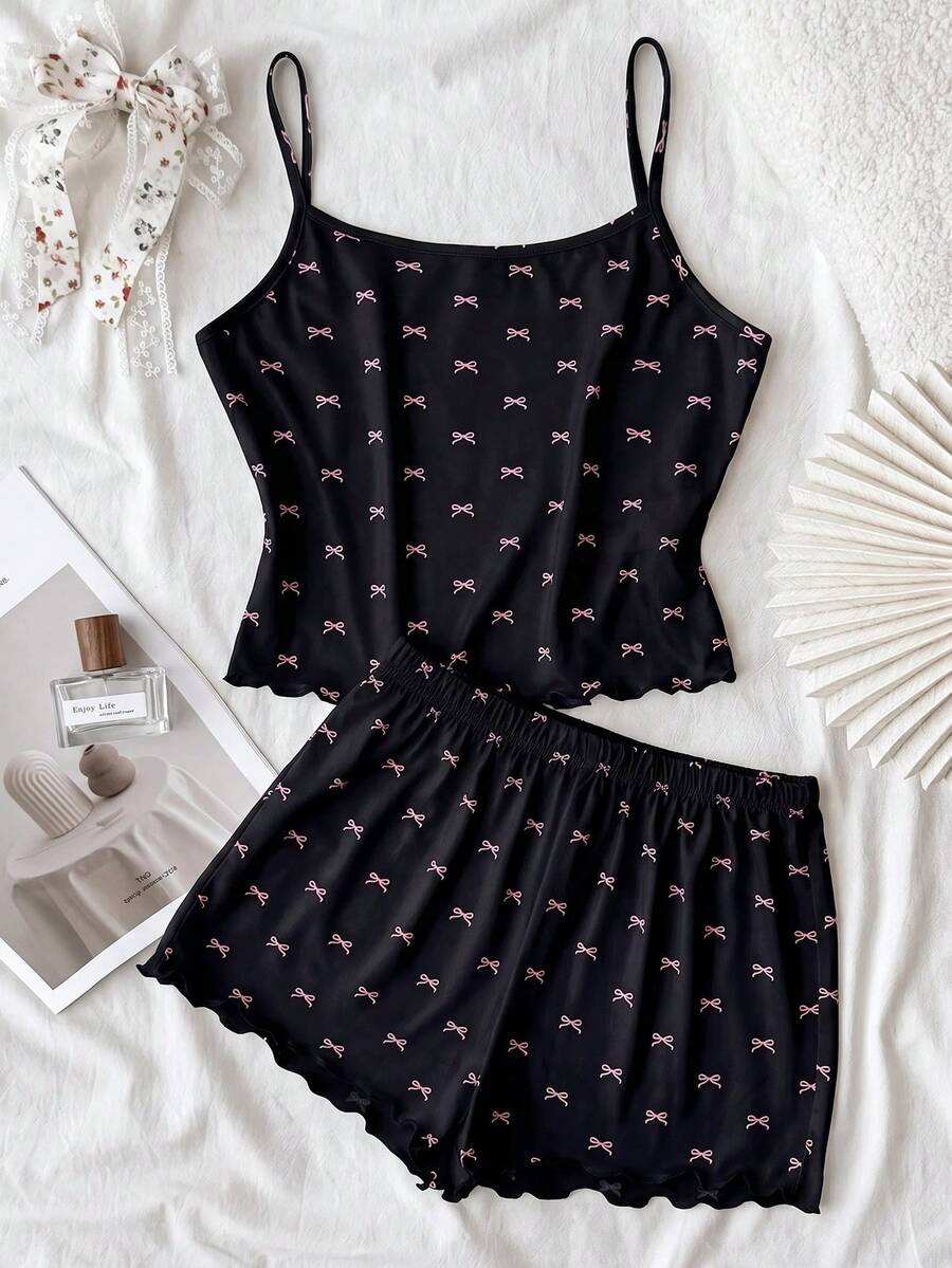 SHEIN 青少年女孩針織蝴蝶結圖案吊帶背心與短褲家居服套裝 - 黑色 - 查看 1