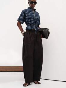 Aveloria Modichic Fashionable Short-Sleeve Cargo Top, Featuring Two Symmetrical Pockets On The Chest, Cinched Waist For Adjustable Fit, Overall Clean And Sharp Design. - Navy Blue - View 5