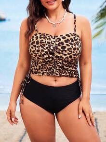 Swim Lushoire Plus Size Women 2pcs/Set Leopard Print Tankini Swimsuit With Tummy Control, Beach Holiday For Summer Beach Vacation - Multicolor - View 6