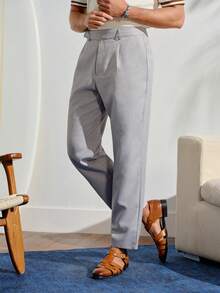 Men's Solid Color Pleated Straight Leg Loose Fit Dress Formal Pants, Classic High Waisted Light Grey Pants, Fall Winter, Ceremony - Grey - View 1