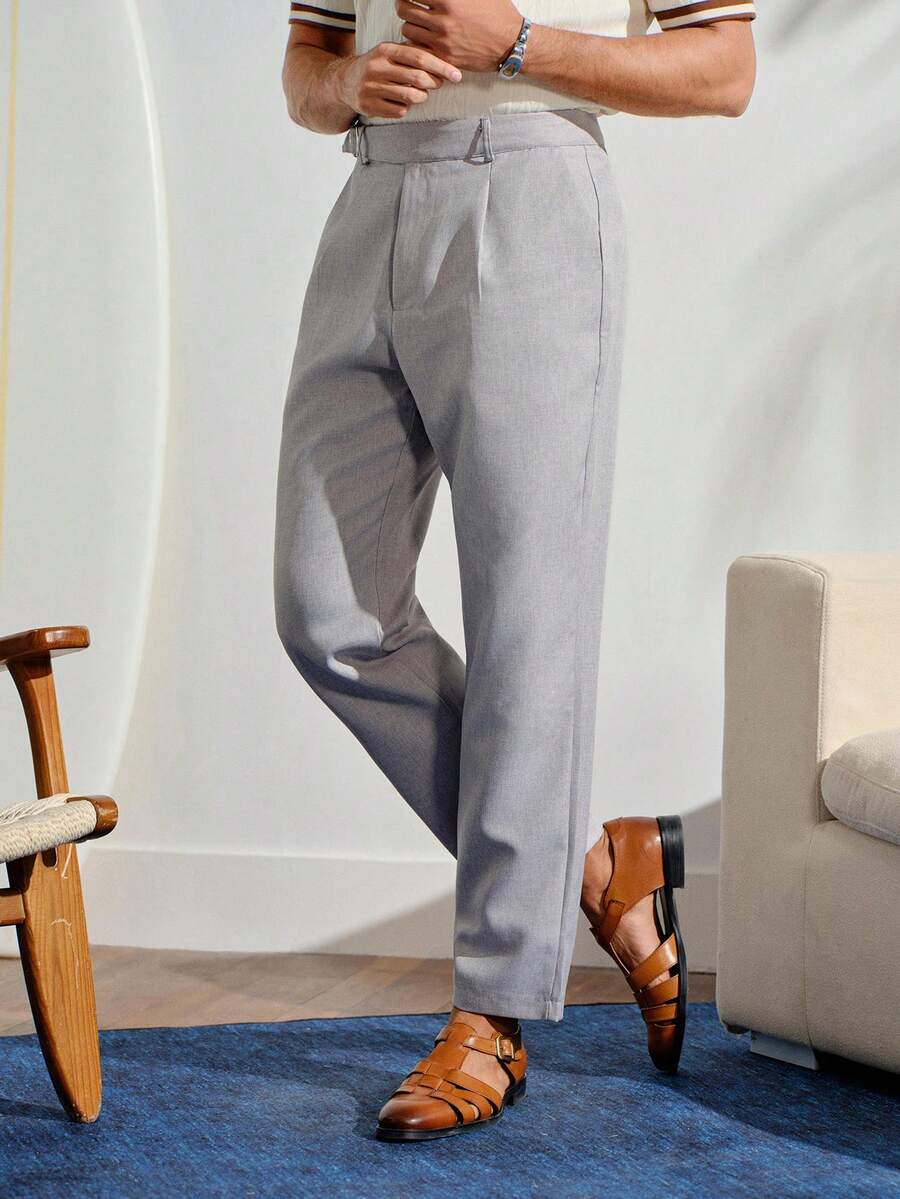 Men's Solid Color Pleated Straight Leg Loose Fit Dress Formal Pants, Classic High Waisted Light Grey Pants, Fall Winter, Ceremony - Grey - View 1
