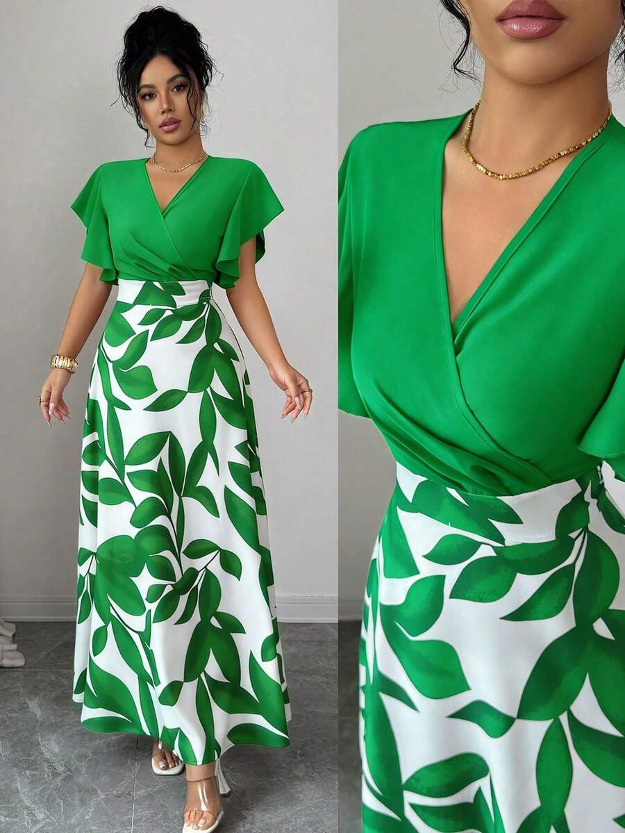 Elenzga Women's Elegant Burgundy Red Leaf Pattern Ruched Cap Sleeve Fitted Flared Dress, Spring/Summer - Green - View 1