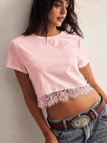 Easelle Women's Knitted Crew Neck Short Sleeve Lace Hem Patchwork Personalized T-Shirt Everyday Date Baby Pink Summer Romantic Elegant - Pink - View 5
