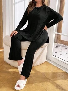 SHEIN Essnce 大尺碼女款秋冬時尚休閒寬鬆舒適日常百搭修身黑色長袖上衣與喇叭褲兩件套，秋季服飾，褲裝套裝，機場穿搭 - 黑色 - 查看 1