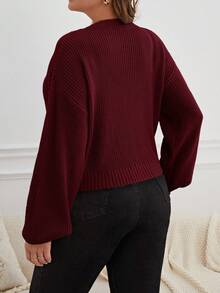 SHEIN Essnce Cardigan Pendek Kasual Ukuran Besar Warna Polos untuk Wanita, Pakaian Musim Gugur dan Musim Dingin - Burgundy - View 2