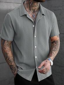 SLATEMANN Men's Plus Size Solid Color Knitted Textured Jacquard Short Sleeve Shirt - Grey - View 4