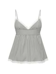 ROMWE Women Ribbed Lace Camisole And Shorts Casual Pajama Set - Light Grey - View 6