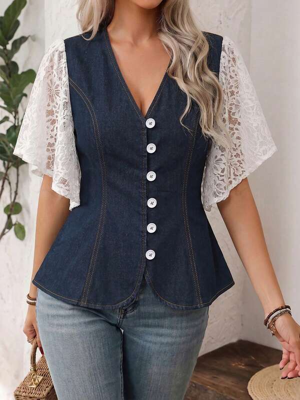 Qadelle Women's V-Neck Single-Breasted Casual Daily Denim Blouse