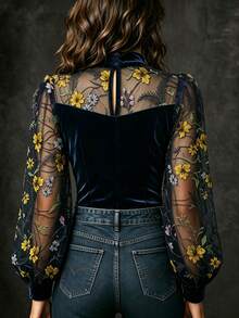 LUMIGAL 女款小立領網紗刺繡拼接天鵝絨長袖襯衫 - 藏蓝色 - 查看 2
