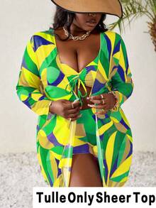 Slaydiva Plus Size Women Random Knitted Colorful Printed Beach Vacation Long Mesh Kimono For Summer - Green - View 2