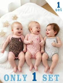 1 Pc Random Newborn Baby Retro Leopard Print And Polo Knight Logo Print Suspender Bodysuits - Multicolor - View 1