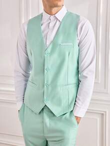 Men's 2pcs Formal Vest & Pants Set, Solid Color With Pockets, Suitable For Wedding, Party, Business Occasions, Mint Green, Size XS-XXXL - Mint Green - View 6