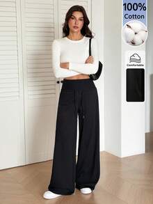 SHEIN Tall 灰色針織抓絨抽繩腰寬鬆運動長褲，冬季畢業季 - 黑色 - 查看 10