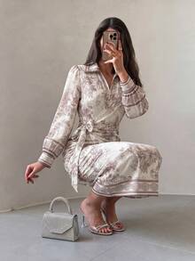 Modelyn 女款領口裹身中長洋裝 長泡泡袖 綁腰 植物印花 飾邊下擺 秋季 靜奢風 優雅 適合辦公室、婚禮賓客、端莊休閒 - 彩色 - 查看 3