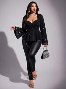 Viva Relle Plus Size Women's Heavy Embellished Rhinestone Black Waist-Cinching Blouse, Exquisite Atmosphere Outfit For Evening Party And Date Fall - Black - View 4