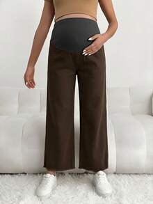 SHEIN Maternity Casual Loose Cropped Jeans With Waistband Patchwork - Brown - View 6