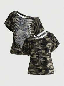 ROMWE Grunge Punk Y2K 龐克十字鉚釘設計後背燒花鏤空寬鬆版型純色百搭 T-shirt - 軍綠色 - 查看 1