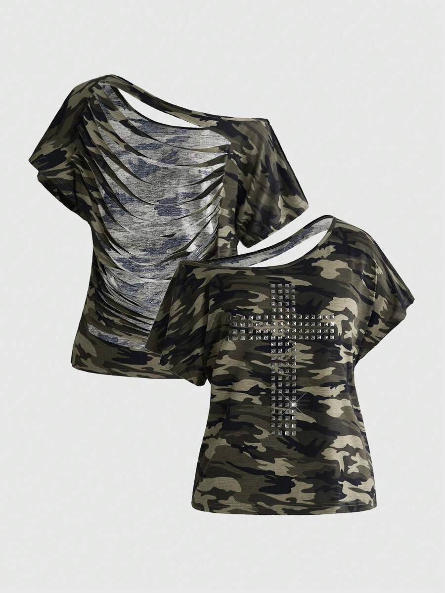 ROMWE Grunge Punk Y2K 龐克十字鉚釘設計後背燒花鏤空寬鬆版型純色百搭 T-shirt - 軍綠色 - 查看 1