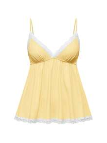 ROMWE Women Contrast Lace Camisole And Shorts Casual Pajama Set - Yellow - View 5