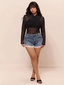 CovetEZ Summer/ New Sexy Country Solid Color Mesh Bodycon Plus Size Bodysuit Rave Cocktail Black - Black - View 7